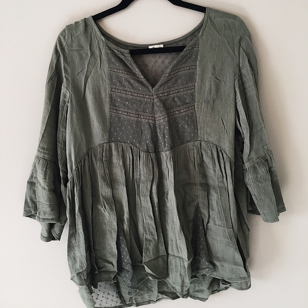 Army green peasant shirt with polka dot mesh